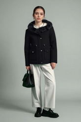 Women Black Hooded Coat with Faux Fur Trim Large