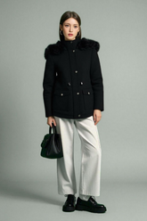 Women Black Hooded Coat with Faux Fur Trim Small