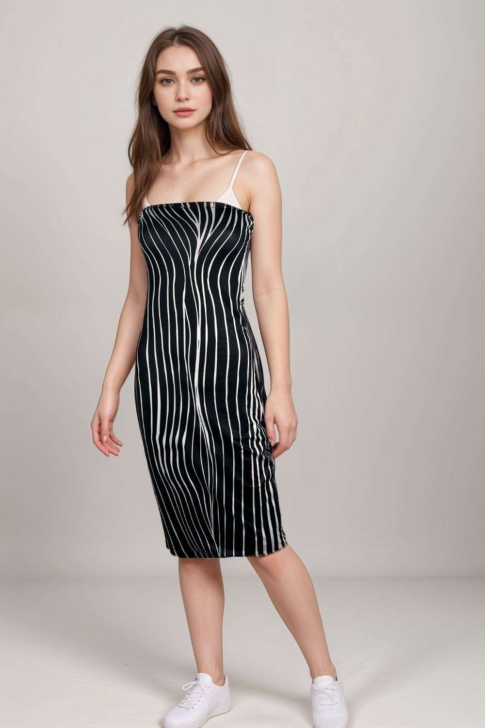 Black and white vertical stripe bodycon midi dress with spaghetti strapsStriped Bodycon Mini Dress