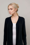 Black long sleeve open front cardigan for women over white tank top