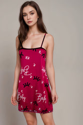 Red - Burgundy satin mini nightdress with baby print, lashes, and spaghetti straps