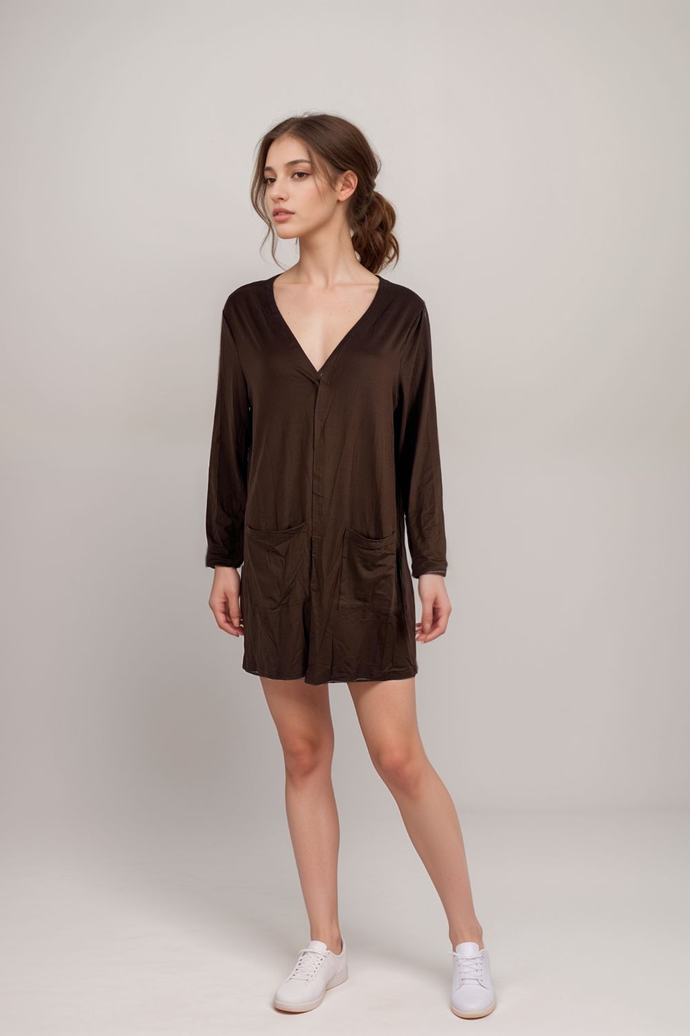 Chocolate brown V neck romper with long sleeves and patch pockets for women