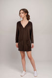 Chocolate brown V neck romper with long sleeves and patch pockets for women
