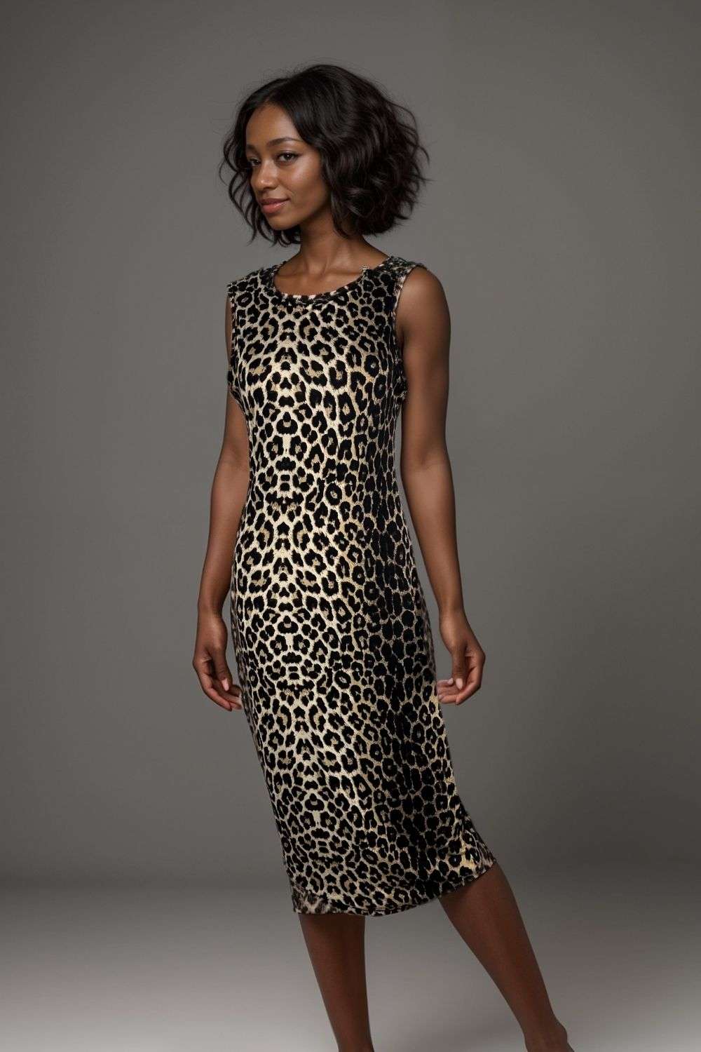 Leopard print sleeveless bodycon midi dress for women