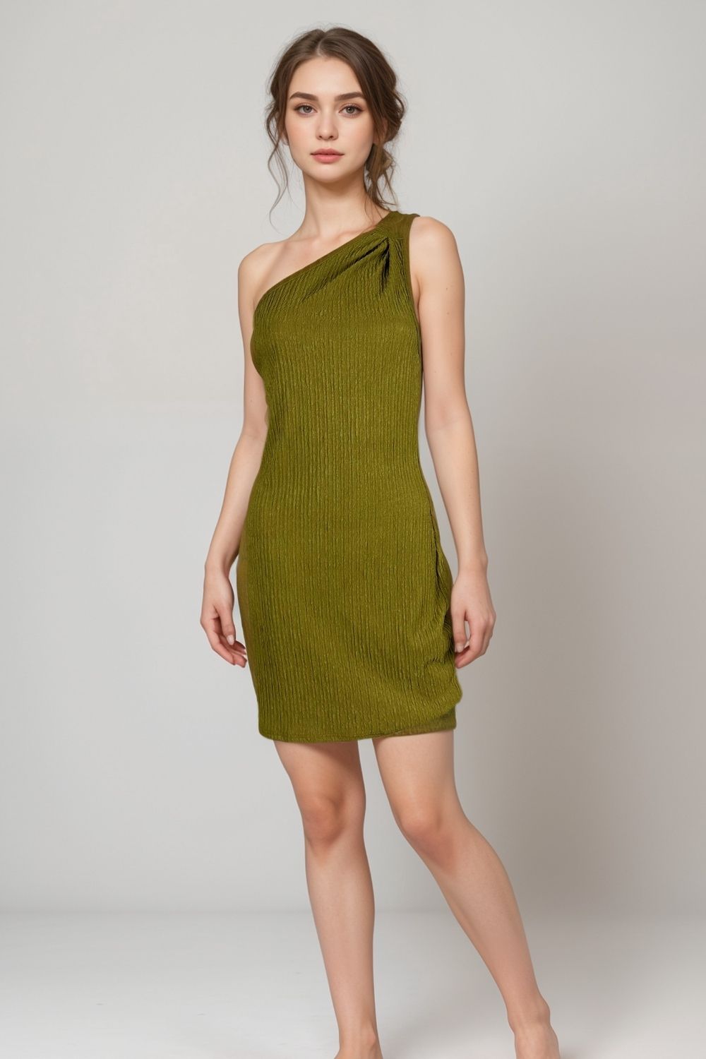 Olive green one shoulder textured mini dress for women with ribbed detail