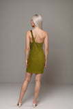 Olive green one shoulder textured mini dress for women with ribbed detail