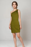 Olive green one shoulder textured mini dress for women with ribbed detail