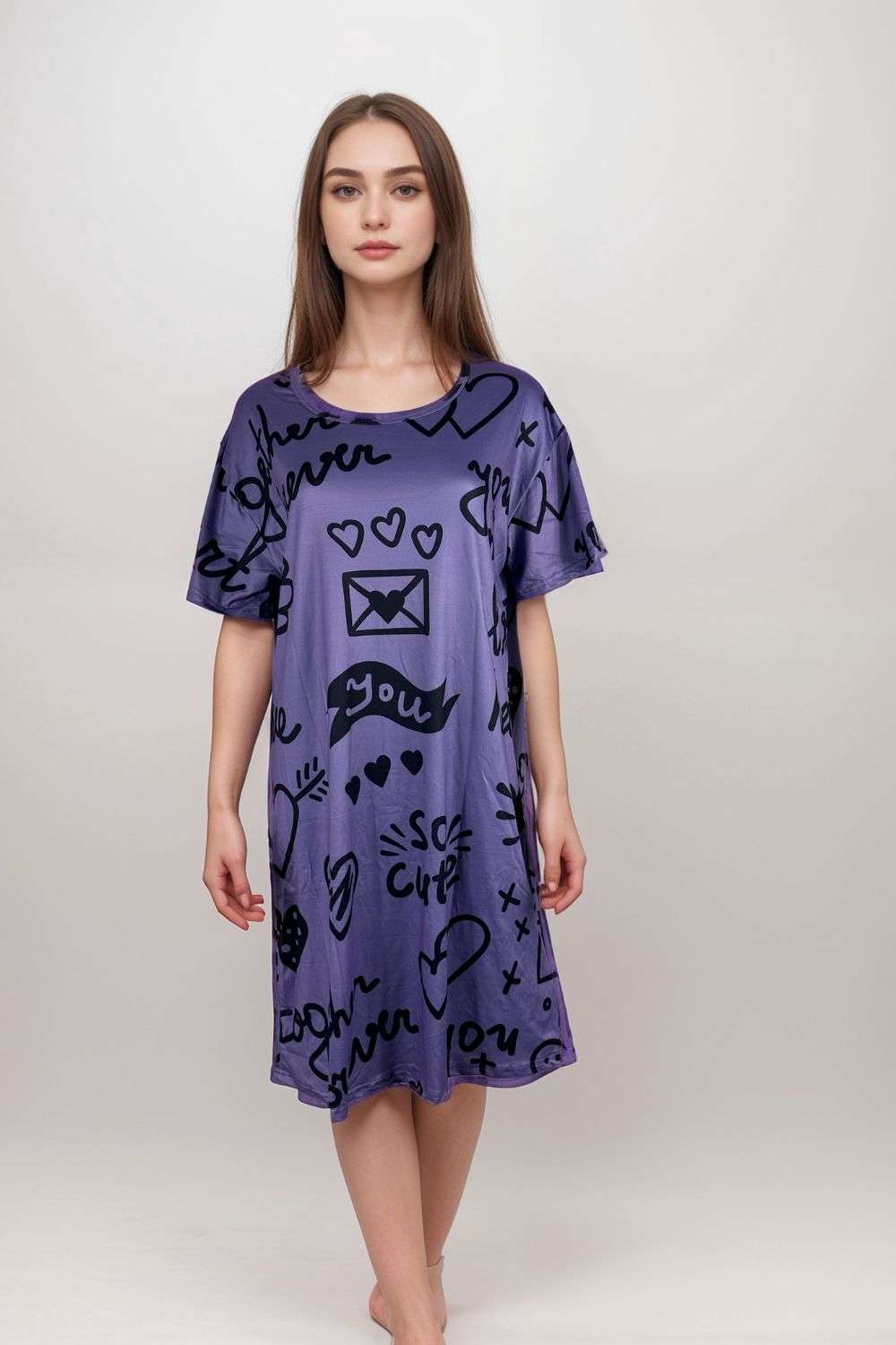 Purple lounge dress with heart and love-themed graphic print, short sleeves, relaxed fit.Doodle Printed Nightdress