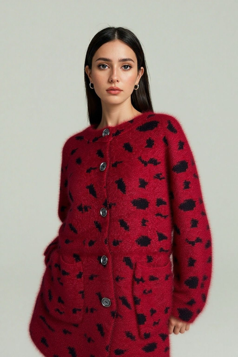 Red Knit Cardigan with Black Print M/L