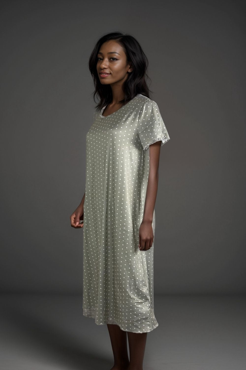 Sage green midi t-shirt dress with white polka dots and short sleeves for wom