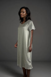 Sage green midi t-shirt dress with white polka dots and short sleeves for wom