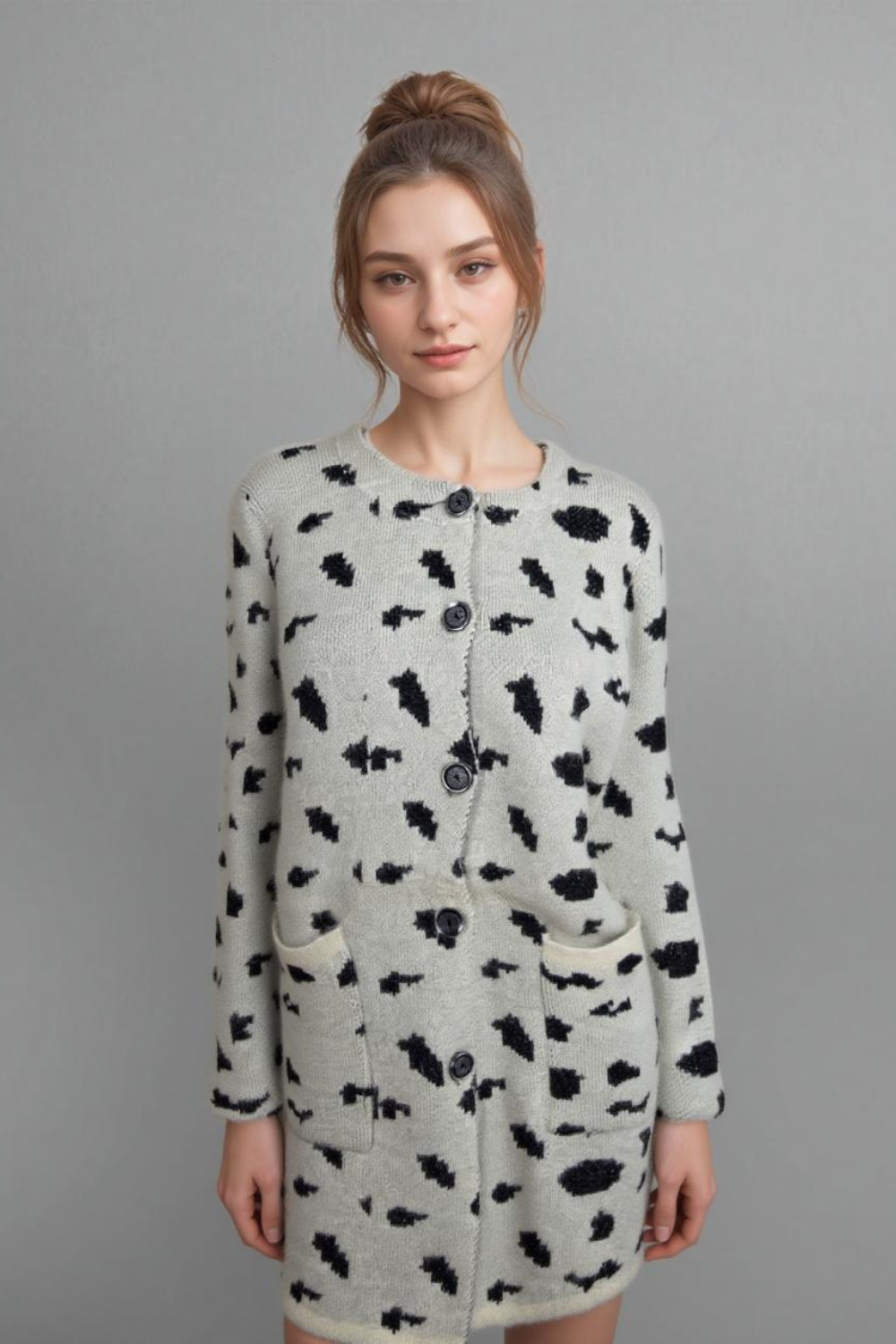 White Knit Cardigan with black Print – Women’s Casual Layering