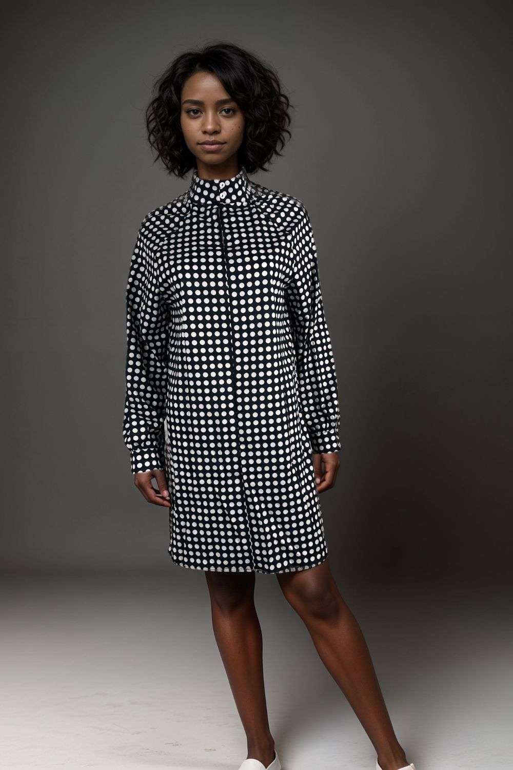 Woman wearing a black and white polka dot long sleeve shirt dress