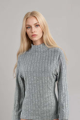 Woman wearing a grey ribbed knit high neck long sleeve top