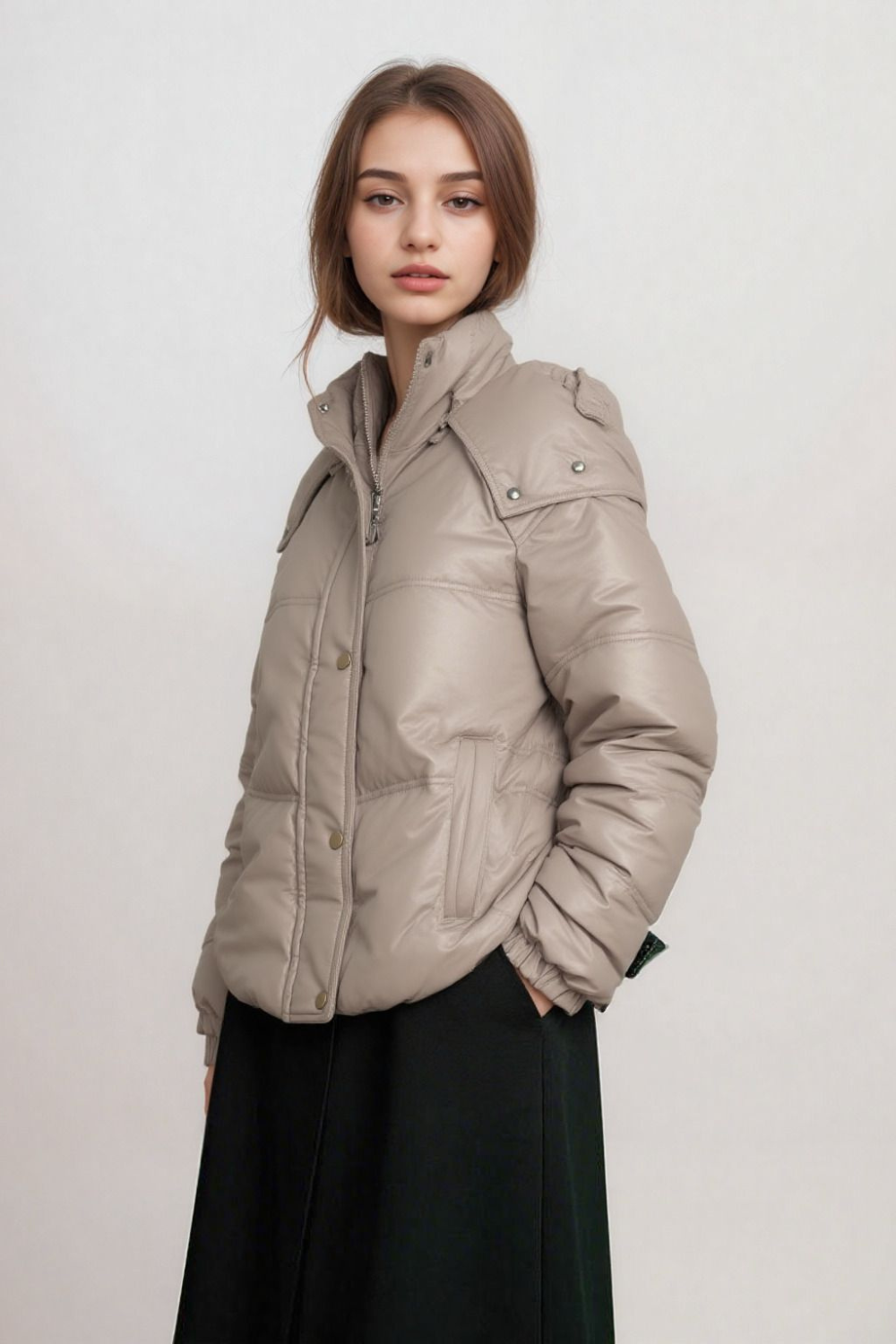 Woman wearing beige puffer jacket