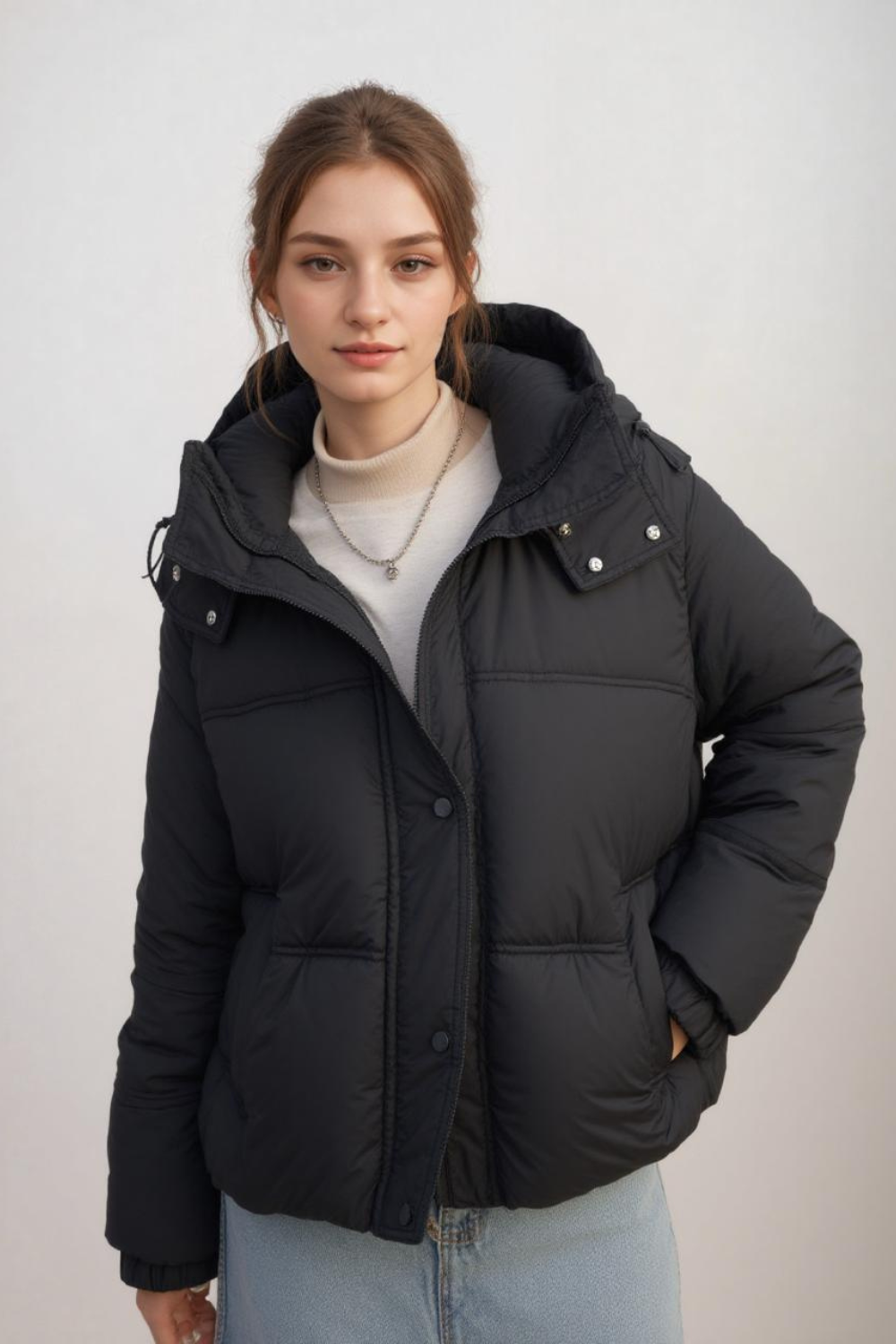 Woman wearing black puffer jacket