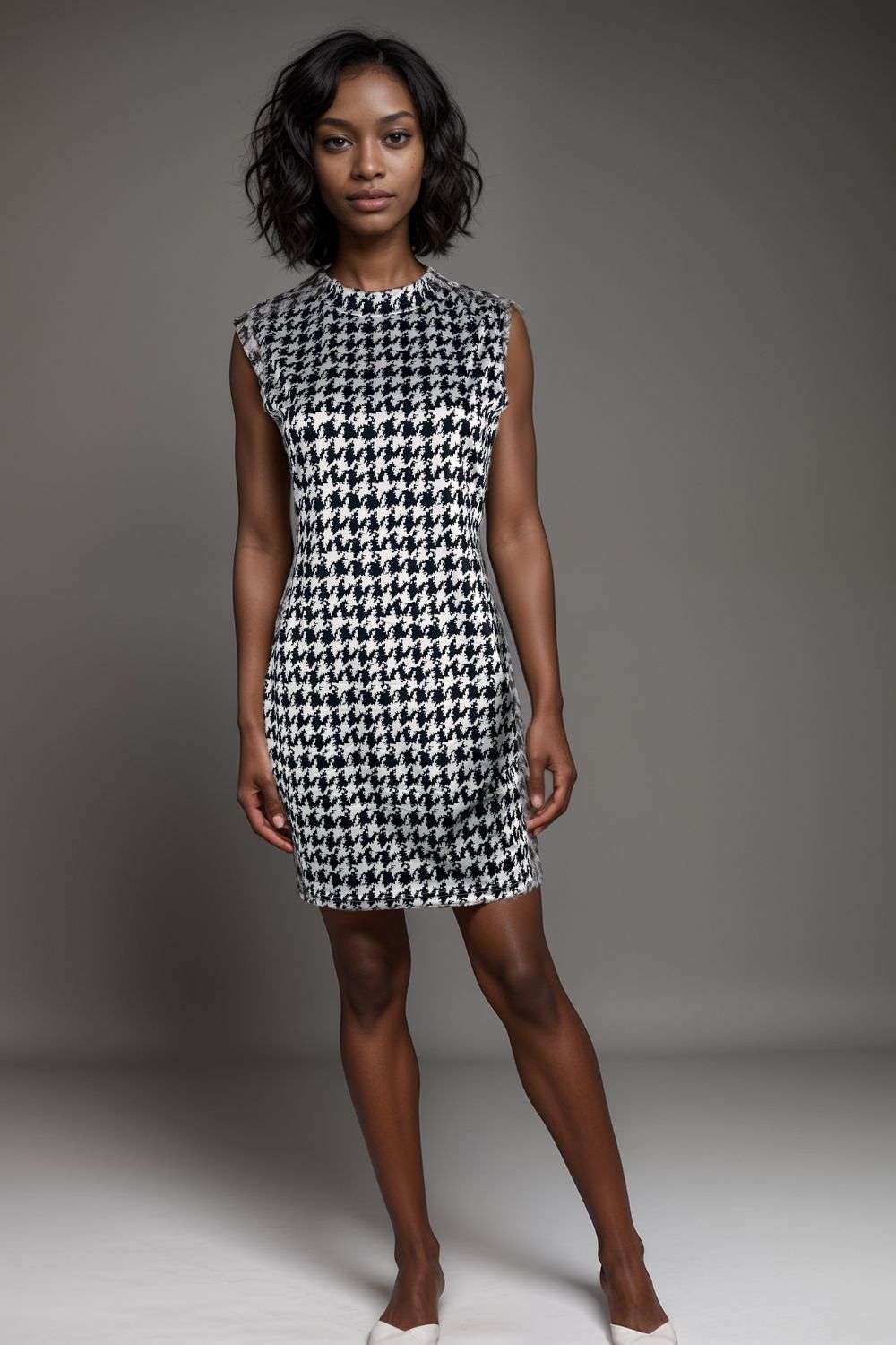 Woman wearing sleeveless black and white houndstooth mini bodycon dress