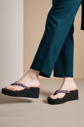 Women Black Floral Wedge Flip Flops