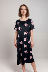 Women’s Black Heart Print Nightdress | Short Sleeve Midi Loungewear