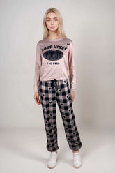 Women’s Good Vibes pyjama set long sleeve slogan top with checked trousers