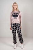 Women’s Good Vibes pyjama set long sleeve slogan top with checked trousers