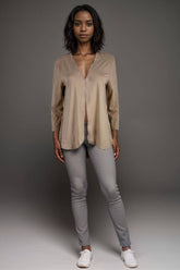 Women’s beige V-neck blouse long sleeve satin look casual top
