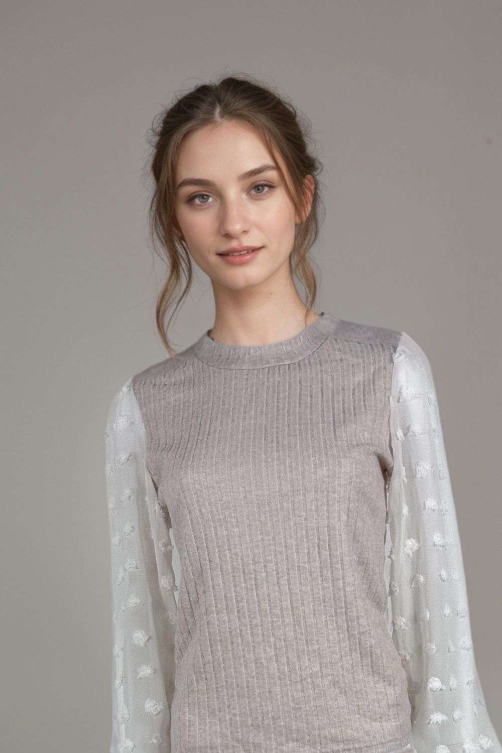 Women’s beige ribbed knit top long sleeve sheer mesh panel blouse