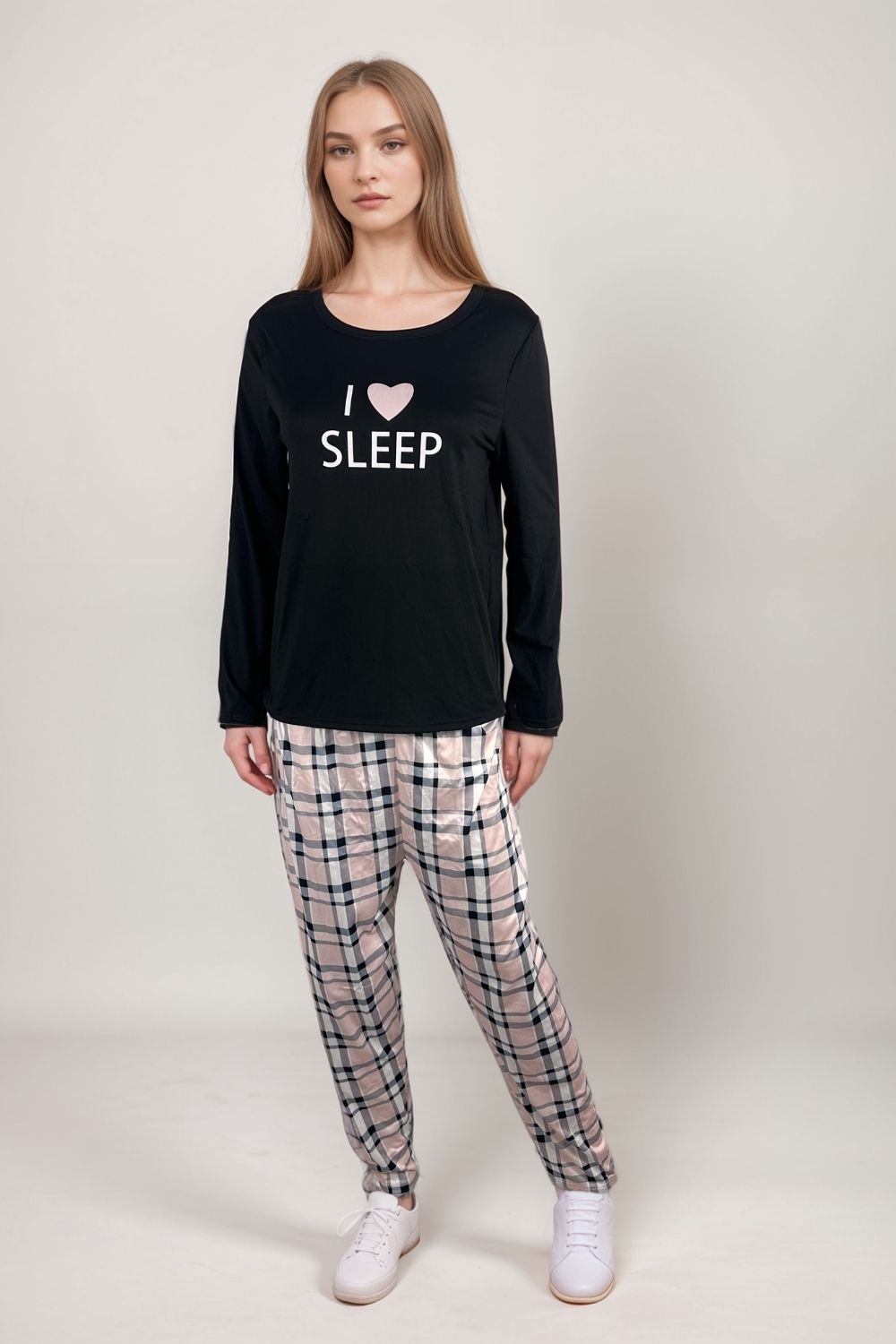 Women’s black I love sleep pyjama set long sleeve top with checked trousers