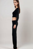 Women’s black co-ord set long sleeve crop top with flared trousers two piece outfit