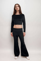 Women’s black co-ord set long sleeve crop top with flared trousers two piece outfit