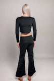 Women’s black co-ord set long sleeve crop top with flared trousers two piece outfit