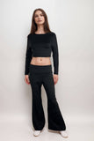 Women’s black co-ord set long sleeve crop top with flared trousers two piece outfit