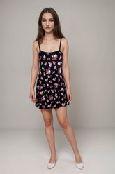 Women’s black floral slip dress spaghetti strap mini nightdress with pink flower print