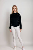 Women’s black long sleeve top slim fit high neck tee with contrast stitch detail