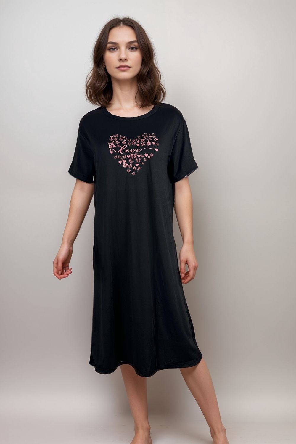 Women’s black nightdress short sleeve midi sleepwear with pink love heart print