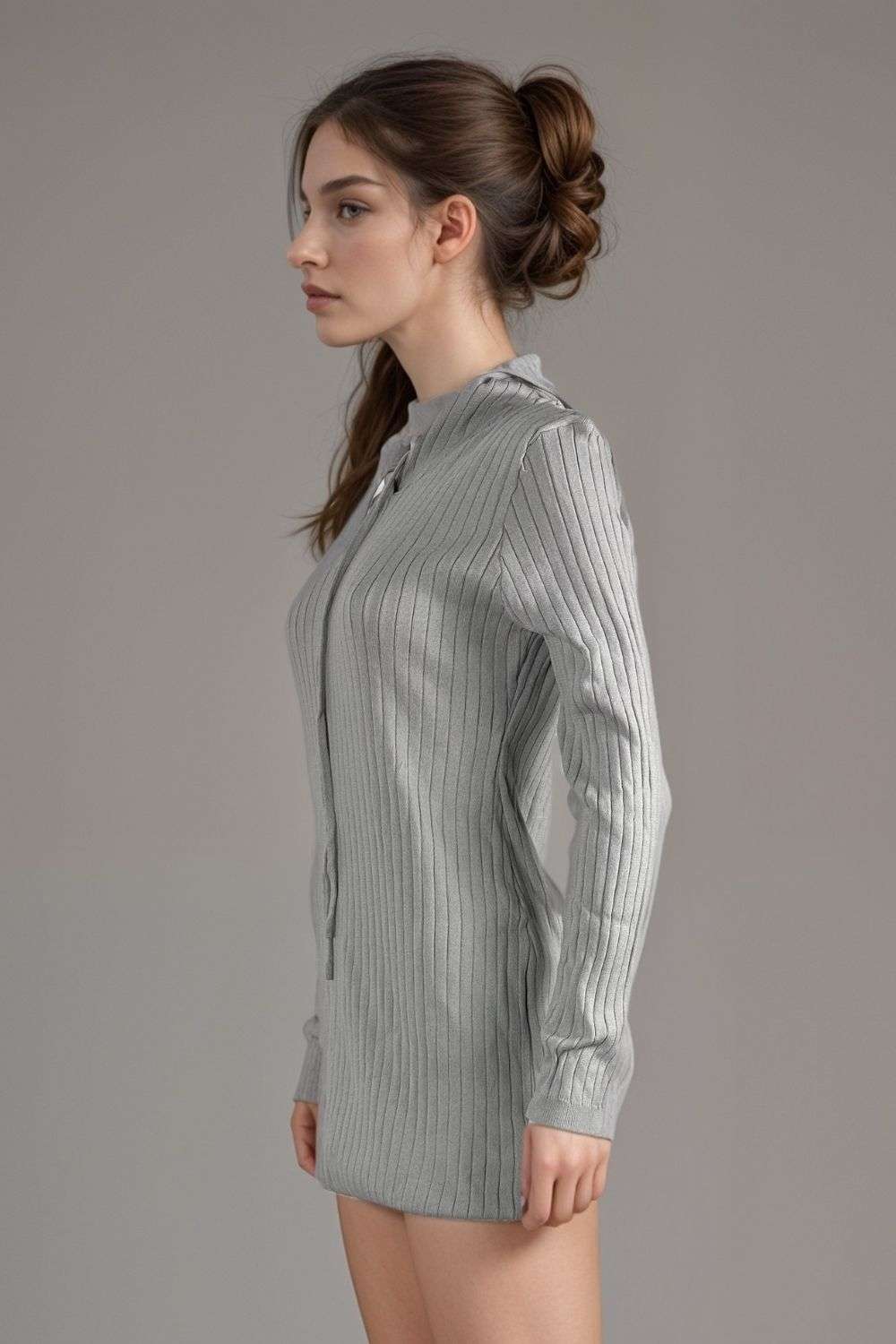 Women’s grey ribbed hoodie dress long sleeve knit sweater mini outfit