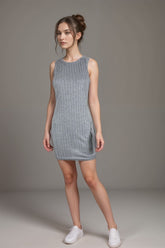 Women’s grey ribbed mini dress sleeveless bodycon knit casual outfit