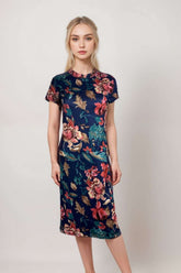 Women’s navy floral midi dress short sleeve bodycon summer party outfit