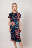 Women’s navy floral midi dress short sleeve bodycon summer party outfit