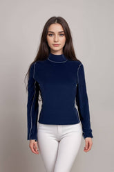 Women’s navy long sleeve top slim fit high neck tee with contrast stitch