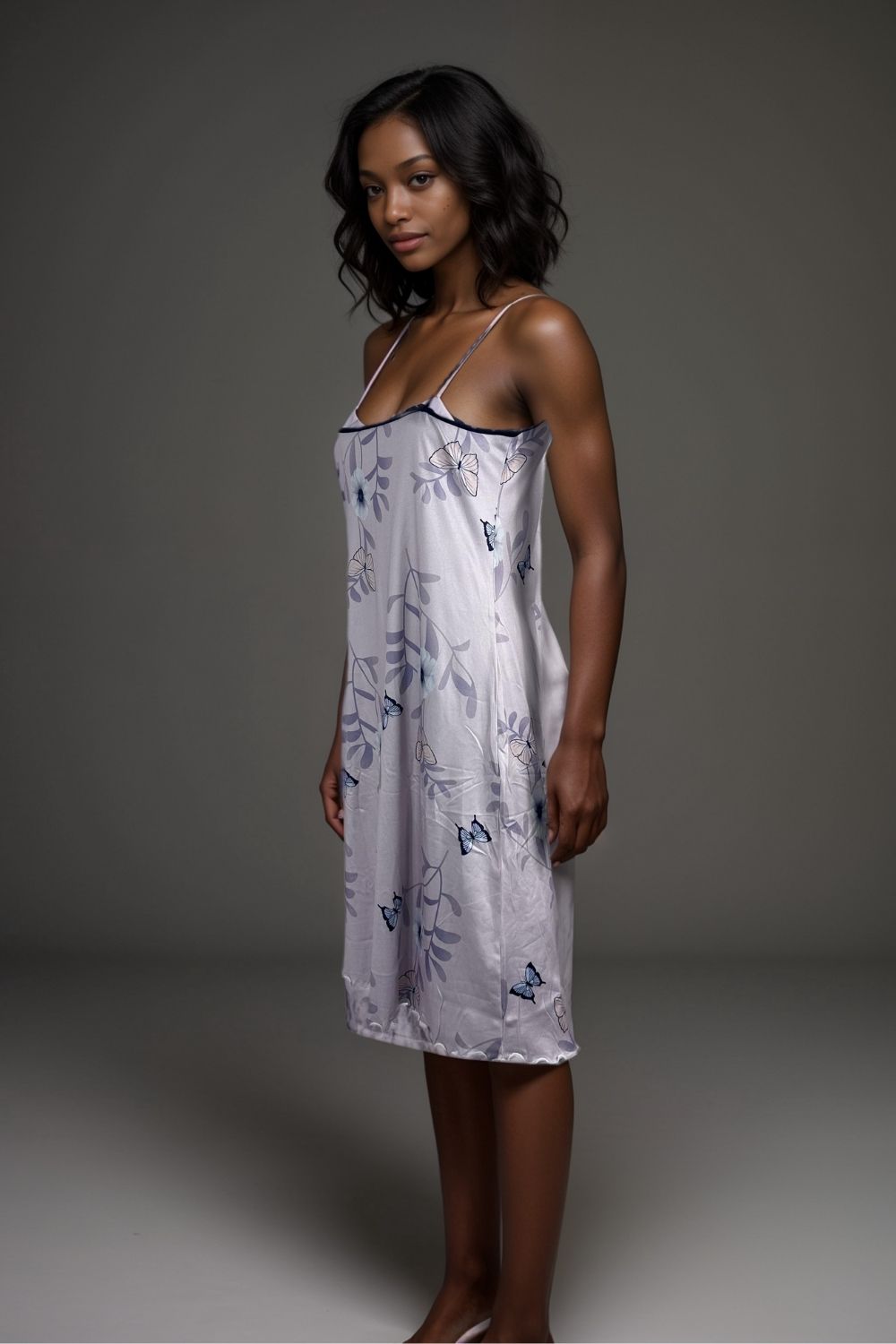 Women’s satin butterfly print nightdress sleeveless slip midi sleepwear dress