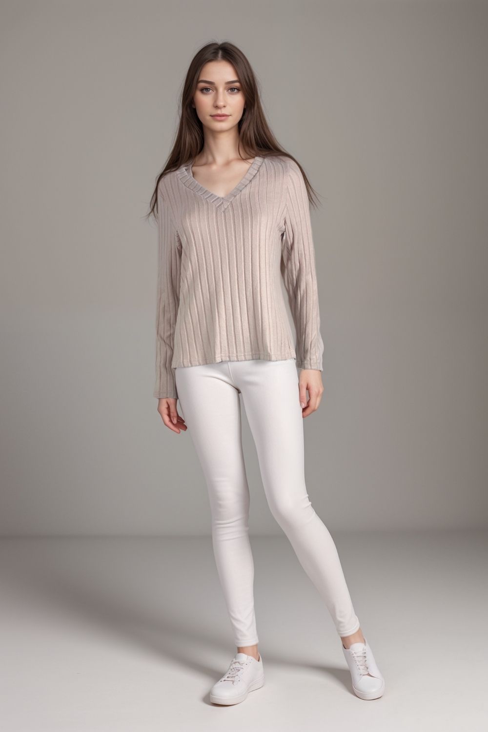 Womens beige ribbed V neck long sleeve top