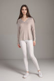 Womens beige ribbed V neck long sleeve top