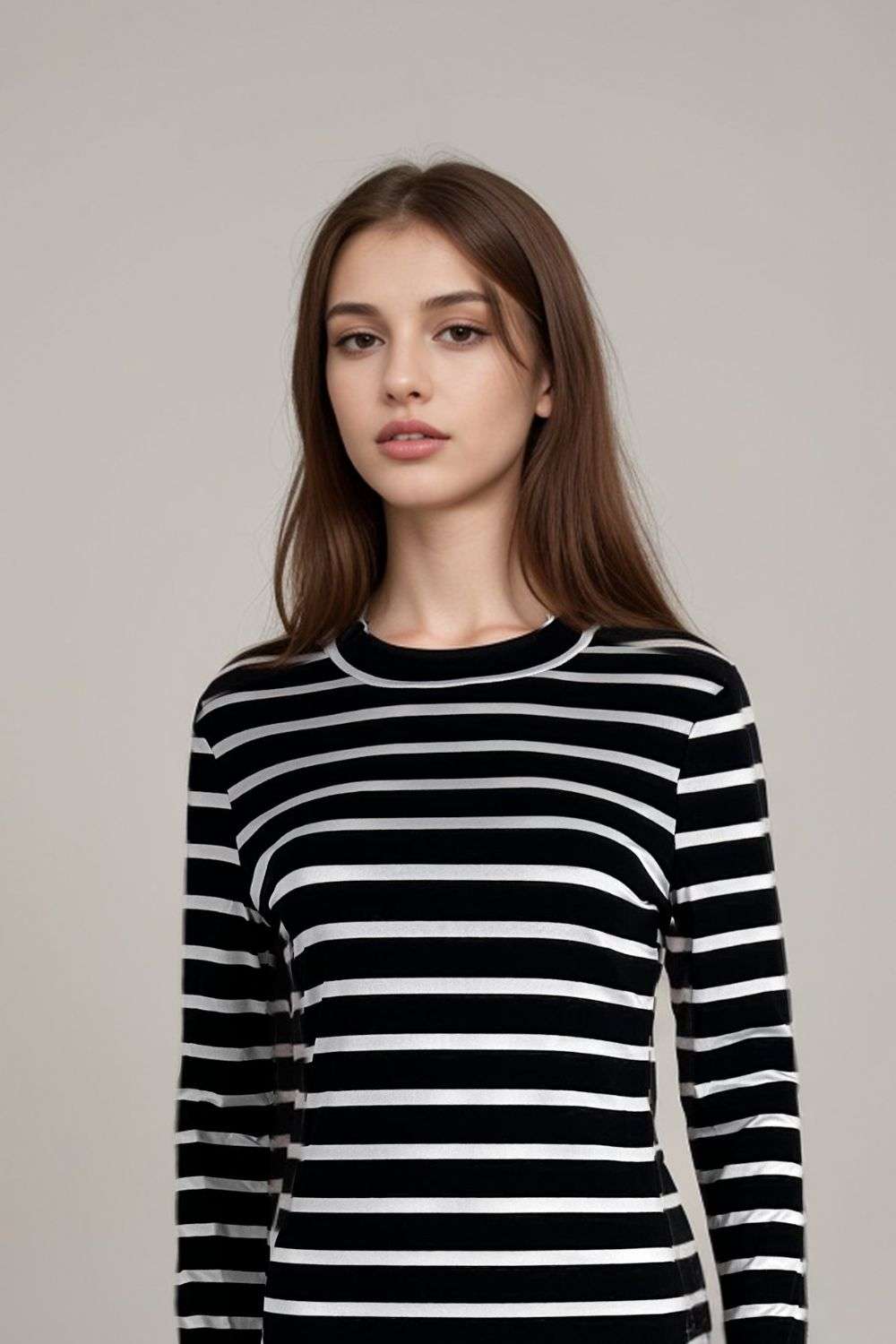Womens black and white striped long sleeve crew neck top
