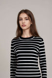 Womens black and white striped long sleeve crew neck top