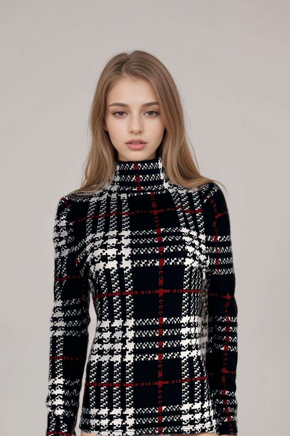 Womens black white red check print high neck long sleeve top