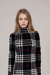 Womens black white red check print high neck long sleeve top