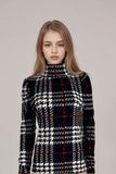Womens black white red check print high neck long sleeve top