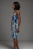 Womens blue printed satin slip dress midi length with spaghetti straps