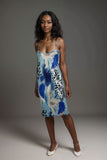 Womens blue printed satin slip dress midi length with spaghetti straps